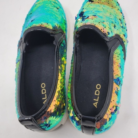 Aldo Women’s Jille Sequin Slip On Iridescent Blue Sneakers Sparkly Shiny - Picture 3 of 6